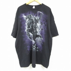 古着 半袖 Tシャツ メンズ 死神 大きいサイズ コットン クルーネック 黒 ブラック XLサイズ 中古 中古 古着