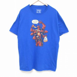 古着 半袖 Tシャツ メンズ マーベル デッドプール コットン クルーネック 青 ブルー XLサイズ 中古 中古 古着