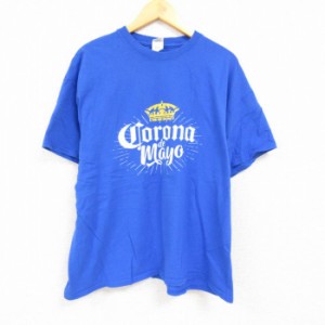 古着 半袖 Tシャツ メンズ コロナ ビール コットン クルーネック 青 ブルー XLサイズ 中古 中古 古着