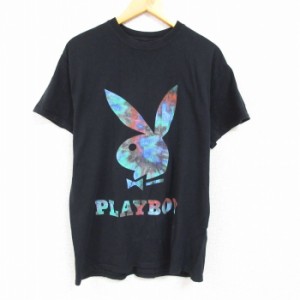 古着 半袖 Tシャツ メンズ プレイボーイ PLAY BOY ビッグロゴ 大きいサイズ コットン クルーネック 黒 ブラック XLサイズ 中古 中古 古着