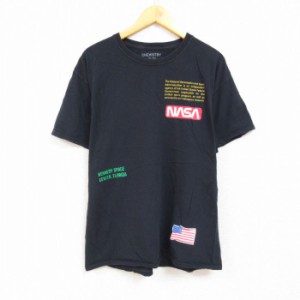 古着 半袖 Tシャツ メンズ NASA 星条旗 コットン クルーネック 黒 ブラック Lサイズ 中古 中古 古着