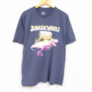 古着 半袖 Tシャツ メンズ 映画 ジュラシックワールド クルーネック 紺 ネイビー 霜降り XLサイズ 中古 中古 古着