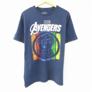 古着 半袖 Tシャツ メンズ マーベル アベンジャーズ インフィニティガントレット サノス コットン クルーネック 紺 ネイビー L 中古 古着