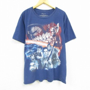 古着 半袖 Tシャツ メンズ スターウォーズ STAR WARS フォースの覚醒 レイ フィン 大きいサイズ コットン クルーネック 紺 ネ 中古 古着