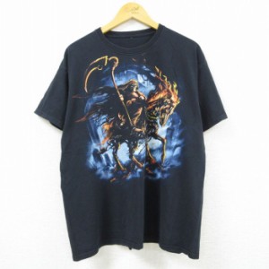 古着 半袖 Tシャツ メンズ 死神 馬 クルーネック 黒 ブラック XLサイズ 中古 中古 古着