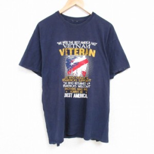 古着 半袖 Tシャツ メンズ ミリタリー ベトナム帰還兵 大きいサイズ クルーネック 紺 ネイビー XLサイズ 中古 中古 古着