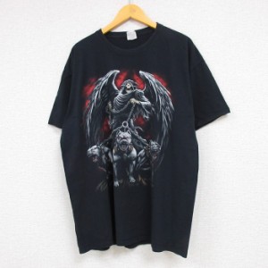 古着 半袖 Tシャツ メンズ 死神 犬 コットン クルーネック 黒 ブラック XLサイズ 中古 中古 古着