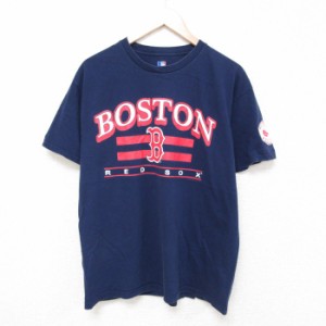 古着 半袖 Tシャツ メンズ MLB ボストンレッドソックス コットン クルーネック 紺 ネイビー メジャーリーグ ベースボール 野球 中古 古着