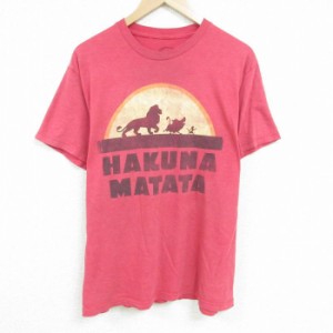 古着 半袖 Tシャツ メンズ ディズニー DISNEY ライオンキング ティモン プンバァ ハクナマタタ クルーネック 赤 レッド 霜降り 中古 古着