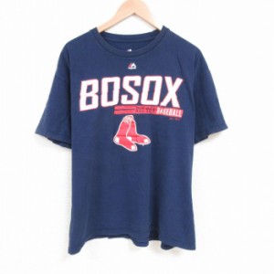 古着 マジェスティック 半袖 Tシャツ メンズ MLB ボストンレッドソックス 大きいサイズ コットン クルーネック 紺 ネイビー メ 中古 古着