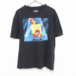 古着 半袖 Tシャツ メンズ ニコロデオン アニメ スポンジボブ 大きいサイズ コットン クルーネック 黒 ブラック XLサイズ 中古 中古 古着