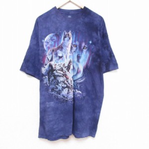 古着 半袖 Tシャツ メンズ オオカミ 大きいサイズ ロング丈 コットン クルーネック 紺他 ネイビー タイダイ XLサイズ 中古 中古 古着