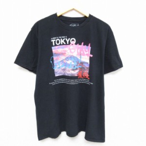 古着 半袖 Tシャツ メンズ 東京 富士山 コットン クルーネック 黒 ブラック XLサイズ 中古 中古 古着