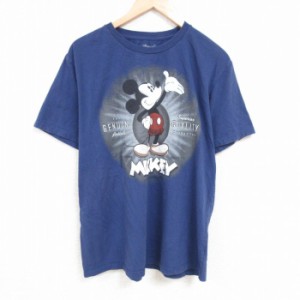 古着 半袖 Tシャツ メンズ ディズニー DISNEY ミッキー MICKEY MOUSE 大きいサイズ コットン クルーネック 紺 ネイビー XLサイ 中古 古着