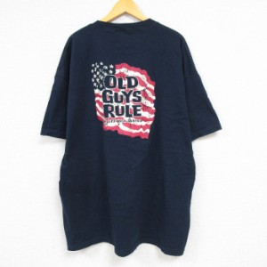 古着 半袖 Tシャツ メンズ OLD GUYS RULE 星条旗 大きいサイズ ロング丈 コットン クルーネック 紺 ネイビー XLサイズ 中古 中古 古着