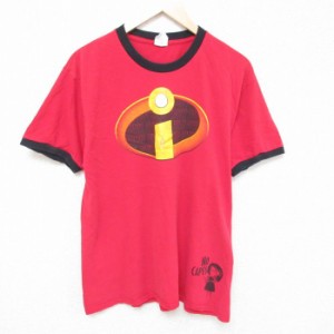 古着 半袖 Tシャツ メンズ ディズニー DISNEY ミスターインクレディブル コットン クルーネック 赤 レッド リンガー Lサイズ  中古 古着