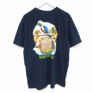 古着 半袖 Tシャツ メンズ オウム ヤシの木 オーランド 大きいサイズ コットン クルーネック 紺 ネイビー XLサイズ 中古 中古 古着