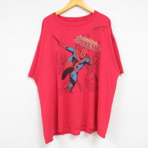 古着 半袖 Tシャツ メンズ マーベル アメイジングスパイダーマン 大きいサイズ コットン クルーネック 赤 レッド XLサイズ 中 中古 古着