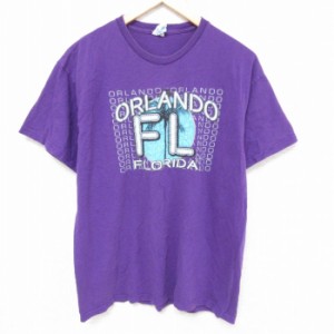 古着 半袖 Tシャツ メンズ オーランド フロリダ ヤシの木 コットン クルーネック 紫 パープル Lサイズ 中古 中古 古着