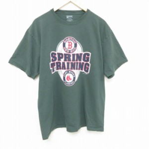 古着 半袖 Tシャツ メンズ MLB ボストンレッドソックス コットン クルーネック 緑 グリーン メジャーリーグ ベースボール 野球 中古 古着