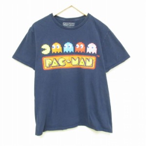 古着 半袖 Tシャツ メンズ ゲーム バンダイ ナムコ パックマン コットン クルーネック 紺 ネイビー Lサイズ 中古 中古 古着