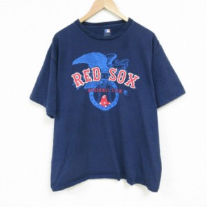 古着 半袖 Tシャツ メンズ MLB ボストンレッドソックス コットン クルーネック 紺 ネイビー メジャーリーグ ベースボール 野球 中古 古着