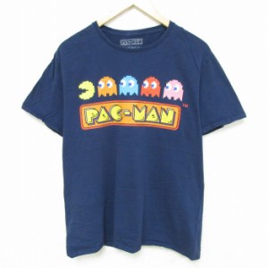 古着 半袖 Tシャツ メンズ ゲーム バンダイ ナムコ パックマン コットン クルーネック 紺 ネイビー Lサイズ 中古 中古 古着