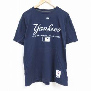 古着 マジェスティック 半袖 Tシャツ メンズ MLB ニューヨークヤンキース 大きいサイズ コットン クルーネック 紺 ネイビー メ 中古 古着