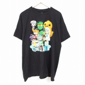 古着 半袖 Tシャツ メンズ アニメ リックアンドモーティ 大きいサイズ ロング丈 コットン クルーネック 黒 ブラック XLサイズ  中古 古着