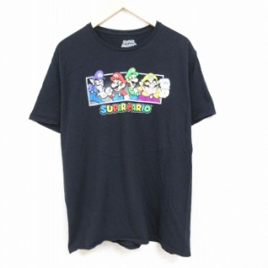 古着 半袖 Tシャツ メンズ ゲーム ニンテンドー スーパーマリオ ワルイージ ワリオ 大きいサイズ コットン クルーネック 黒 ブ 中古 古着