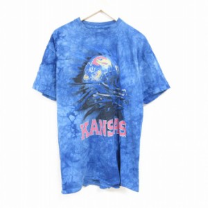 古着 半袖 Tシャツ メンズ カンザス 大きいサイズ ロング丈 コットン クルーネック 紺他 ネイビー タイダイ XLサイズ 中古 中古 古着