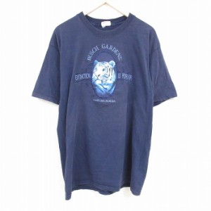 古着 半袖 Tシャツ メンズ トラ 刺繍 大きいサイズ ロング丈 コットン クルーネック 紺 ネイビー XLサイズ 中古 中古 古着