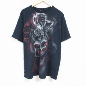 古着 半袖 Tシャツ メンズ スカル 大きいサイズ クルーネック 黒 ブラック XLサイズ 中古 中古 古着