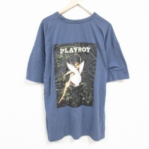 古着 プレイボーイ PLAY BOY 半袖 Tシャツ メンズ 大きいサイズ ロング丈 クルーネック 薄紺 ネイビー XLサイズ 中古 中古 古着