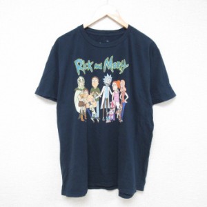 古着 半袖 Tシャツ メンズ アニメ リックアンドモーティ 大きいサイズ コットン クルーネック 濃紺 ネイビー XLサイズ 中古 中古 古着