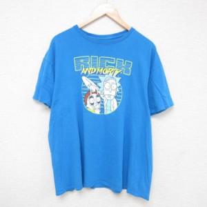 古着 半袖 Tシャツ メンズ アニメ リックアンドモーティ 大きいサイズ コットン クルーネック 水色 XLサイズ 中古 中古 古着