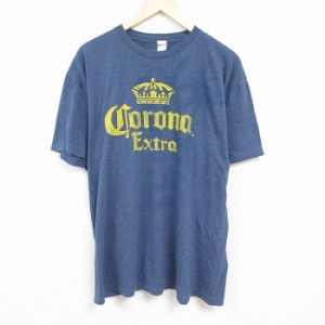 古着 半袖 Tシャツ メンズ コロナ ビール 大きいサイズ クルーネック 薄紺 ネイビー 霜降り XLサイズ 中古 中古 古着