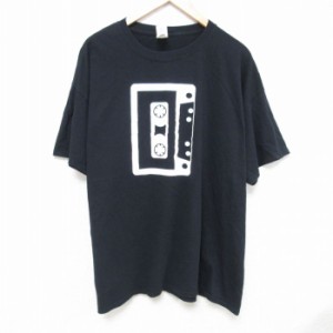 古着 半袖 Tシャツ メンズ カセットテープ 大きいサイズ コットン クルーネック 黒 ブラック XLサイズ 中古 中古 古着