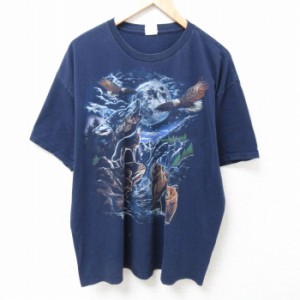 古着 半袖 Tシャツ メンズ オオカミ クマ 大きいサイズ コットン クルーネック 紺 ネイビー XLサイズ 中古 中古 古着