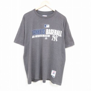 古着 マジェスティック 半袖 Tシャツ メンズ MLB ニューヨークヤンキース 大きいサイズ クルーネック グレー 霜降り メジャー 中古 古着