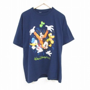 古着 半袖 Tシャツ メンズ ディズニー DISNEY ミッキー MICKEY MOUSE グーフィー 両面プリント 大きいサイズ クルーネック 紺  中古 古着