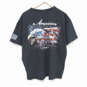 古着 半袖 Tシャツ メンズ 星条旗 ワシ クルーネック 黒 ブラック XLサイズ 中古 中古 古着