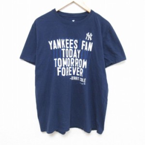 古着 半袖 Tシャツ メンズ MLB ニューヨークヤンキース コットン クルーネック 紺 ネイビー メジャーリーグ ベースボール 野球 中古 古着