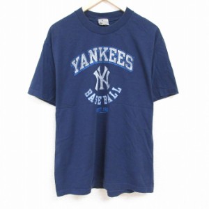 古着 半袖 Tシャツ メンズ MLB ニューヨークヤンキース コットン クルーネック 紺 ネイビー メジャーリーグ ベースボール 野球 中古 古着