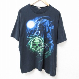 古着 半袖 Tシャツ メンズ 死神 大きいサイズ コットン クルーネック 黒 ブラック XLサイズ 中古 中古 古着