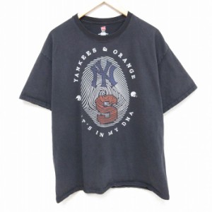 古着 ヘインズ Hanes 半袖 Tシャツ メンズ MLB ニューヨークヤンキース コットン クルーネック 黒 ブラック メジャーリーグ ベ 中古 古着