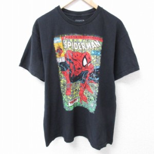 古着 半袖 Tシャツ メンズ マーベル スパイダーマン コットン クルーネック 黒 ブラック Lサイズ 中古 中古 古着