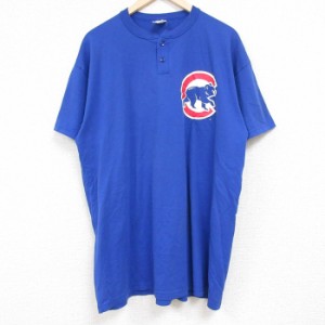 古着 マジェスティック 半袖 Tシャツ メンズ MLB シカゴカブス ヘンリーネック 青 ブルー メジャーリーグ ベースボール 野球 X 中古 古着
