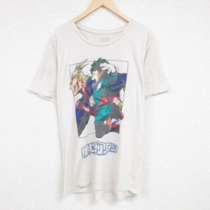 古着 半袖 Tシャツ メンズ アニメ 僕のヒーローアカデミア 緑谷出久 グリーン デク オールマイト 大きいサイズ ロング丈 クル 中古 古着