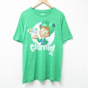 古着 半袖 Tシャツ メンズ ラッキーチャーム 大きいサイズ クルーネック 緑 グリーン 霜降り XLサイズ 中古 中古 古着